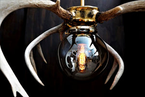 Custom large natural double deer antler gold leaf smoke globe edsion bulb chandelier