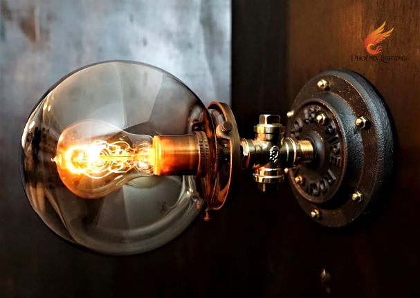 Industrial brass edison bulb wall sconce with glass smoke shade