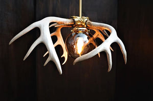 Custom large natural double deer antler gold leaf smoke globe edsion bulb chandelier