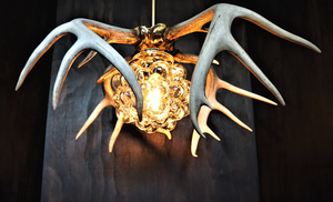 Vintage Tynell glass bubble shade gold leaf natural deer antler chandelier with solid brass holder