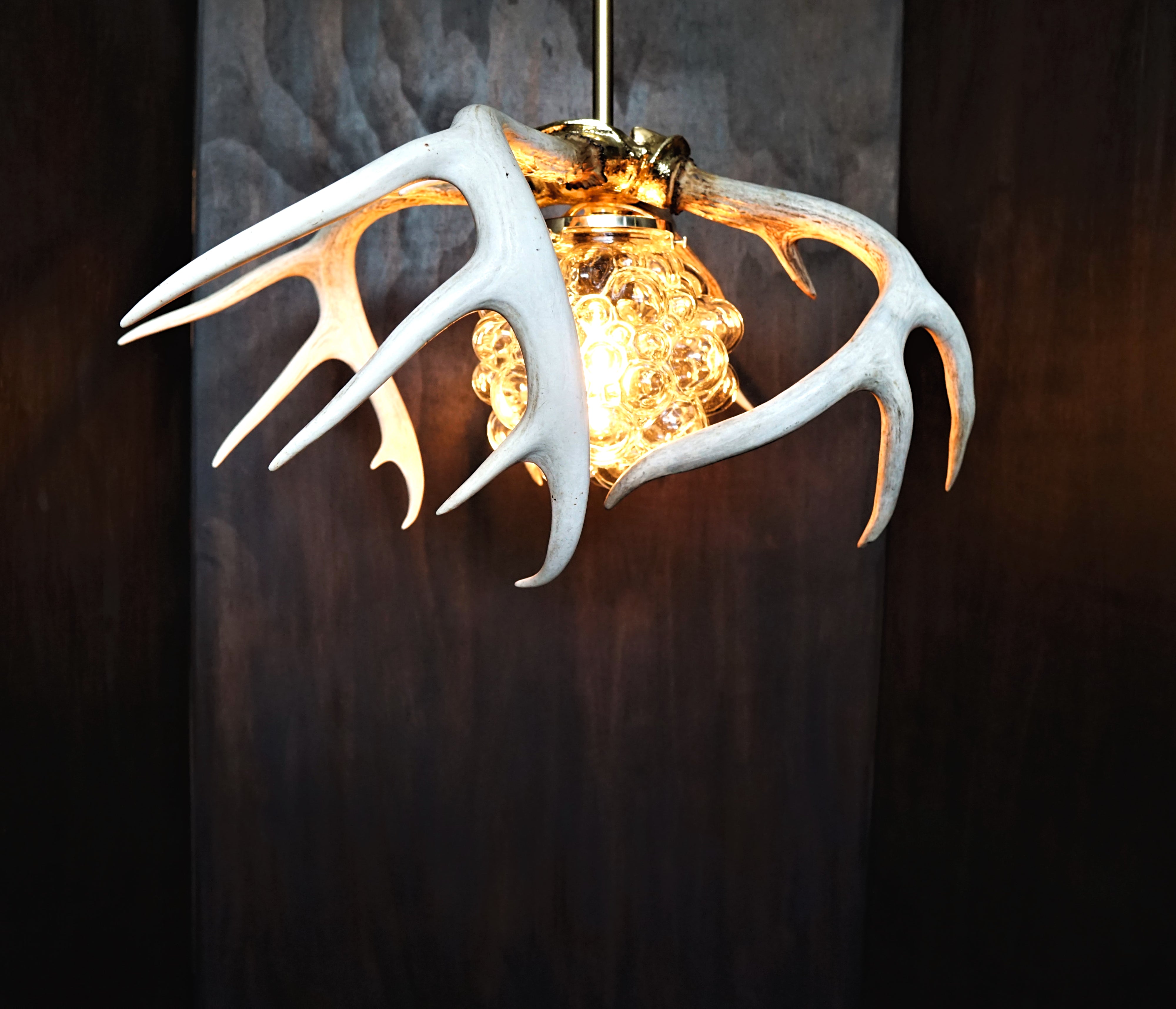 Vintage Tynell glass bubble shade gold leaf natural deer antler chandelier with solid brass holder